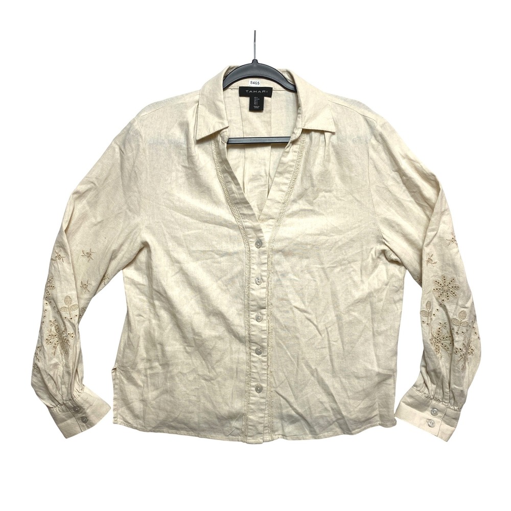 Tahari Shirt Womens L Beige Long Sleeve Linen Blend Embroidered Floral Button Up